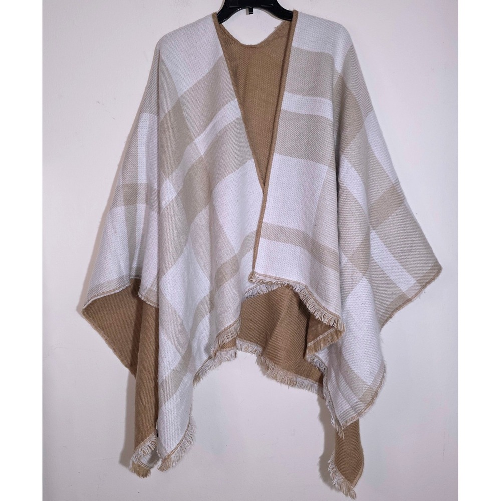 Banana Republic Reversible Plaid Poncho One Size Brown White - Picture 4 of 7